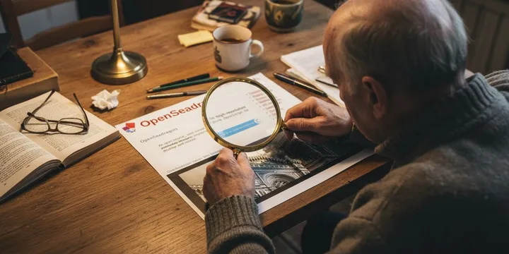An old man is sitting at a table, bent over a piece of paper showing the website of the OpenSeaDragon project. He holds a magnifying 
glass to inspect the paper more closely.
