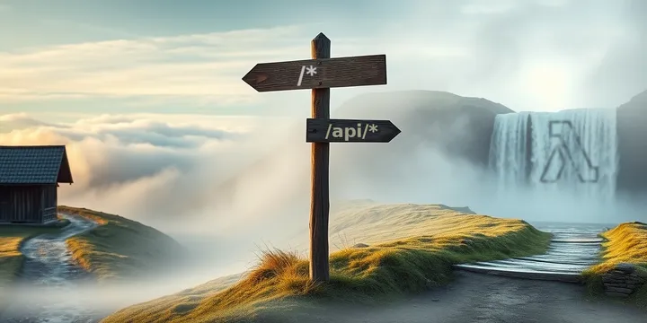 The image shows a scenic and cloudy landscape with a waterfall containing a hinted AWS Lambda 
logo, a small house, and a wooden signpost. The signs on the signpost are labeled "/*",
pointing to the house, and "/api/*", pointing to the waterfall.
