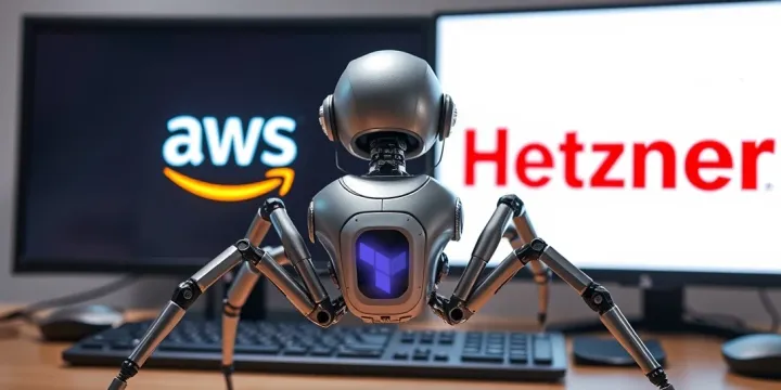 Robot with Terraform icon sitting in front of a computer with two screens. One showing an AWS logo on a dark background, one showing a Hetzner logo on a light background.