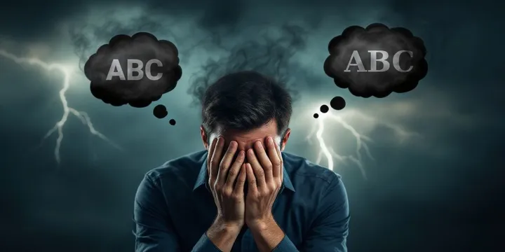 A man, looking desperate and sad, face in his palms. Two dark thought bubble emerge
from the head, each showing the letters ABC in a different font. Lightnings in the background.
