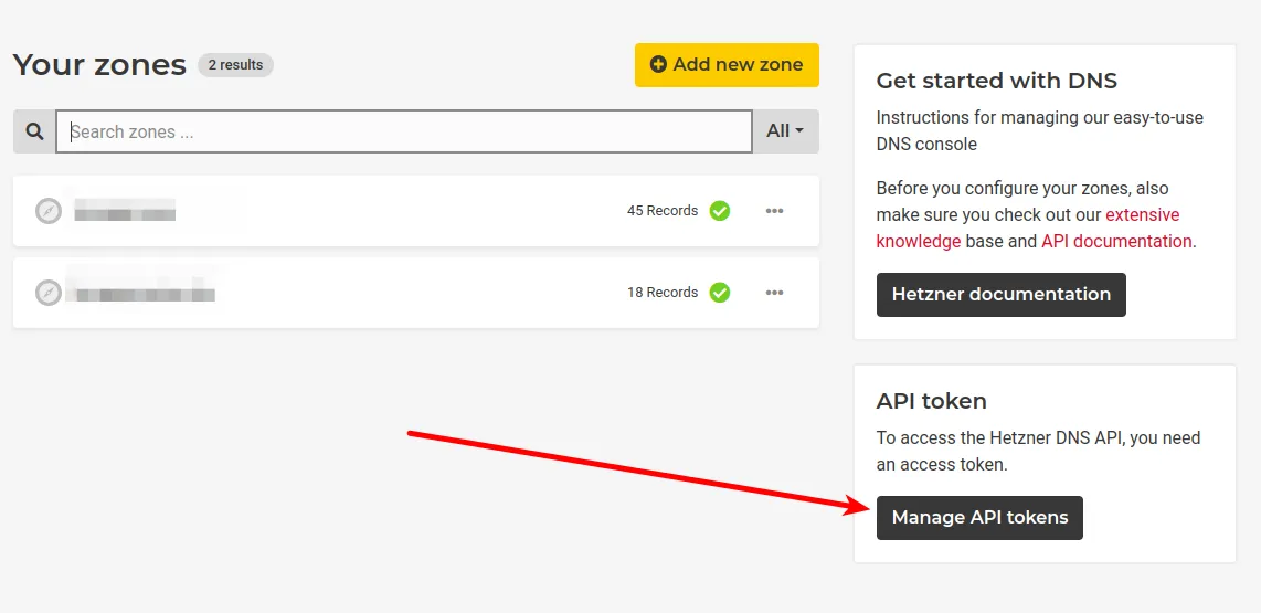 Screenshot of the Hetzner DNS Console, showing a part \