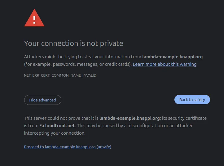 Warning message: Connection to lambda-example.knappi.org is not secure. Proceed with caution.