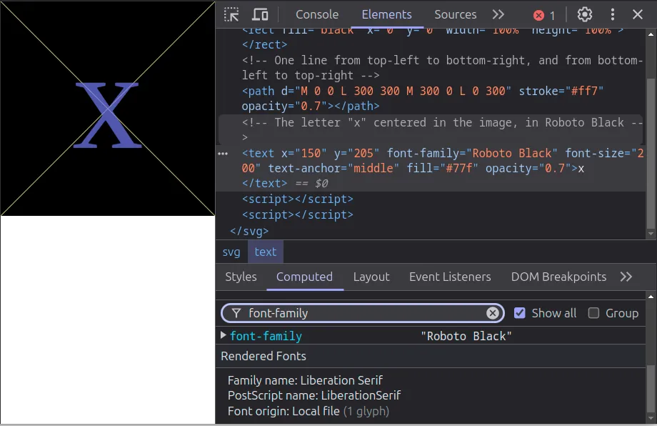 screenshot of a browser showing an X in serif font. Dev tools are open, showing the text-element inspected, with font-family being \